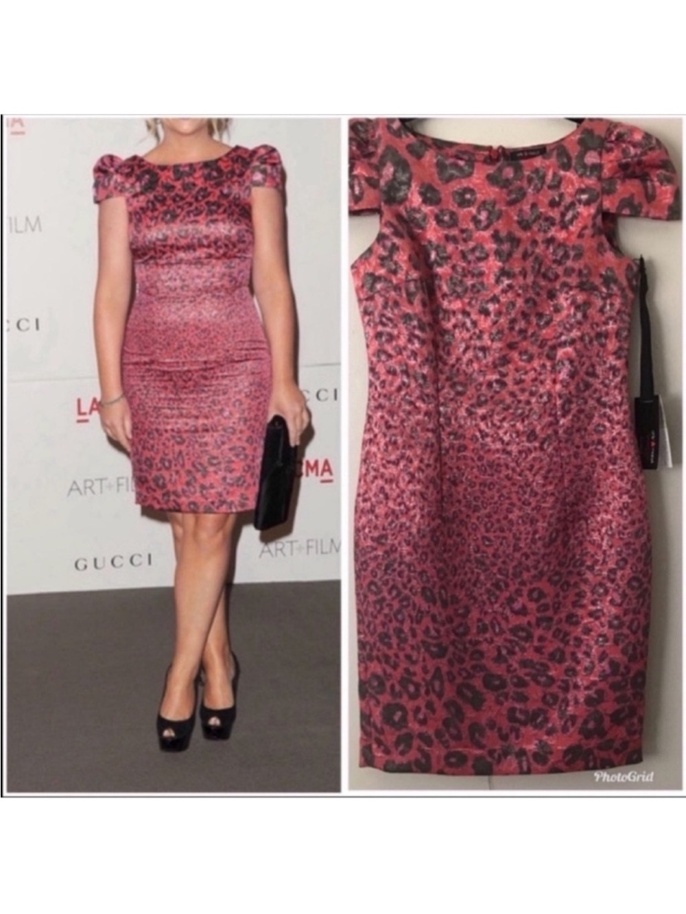 Hot Pink and Black Leopard-Print Midi Sheath Dress